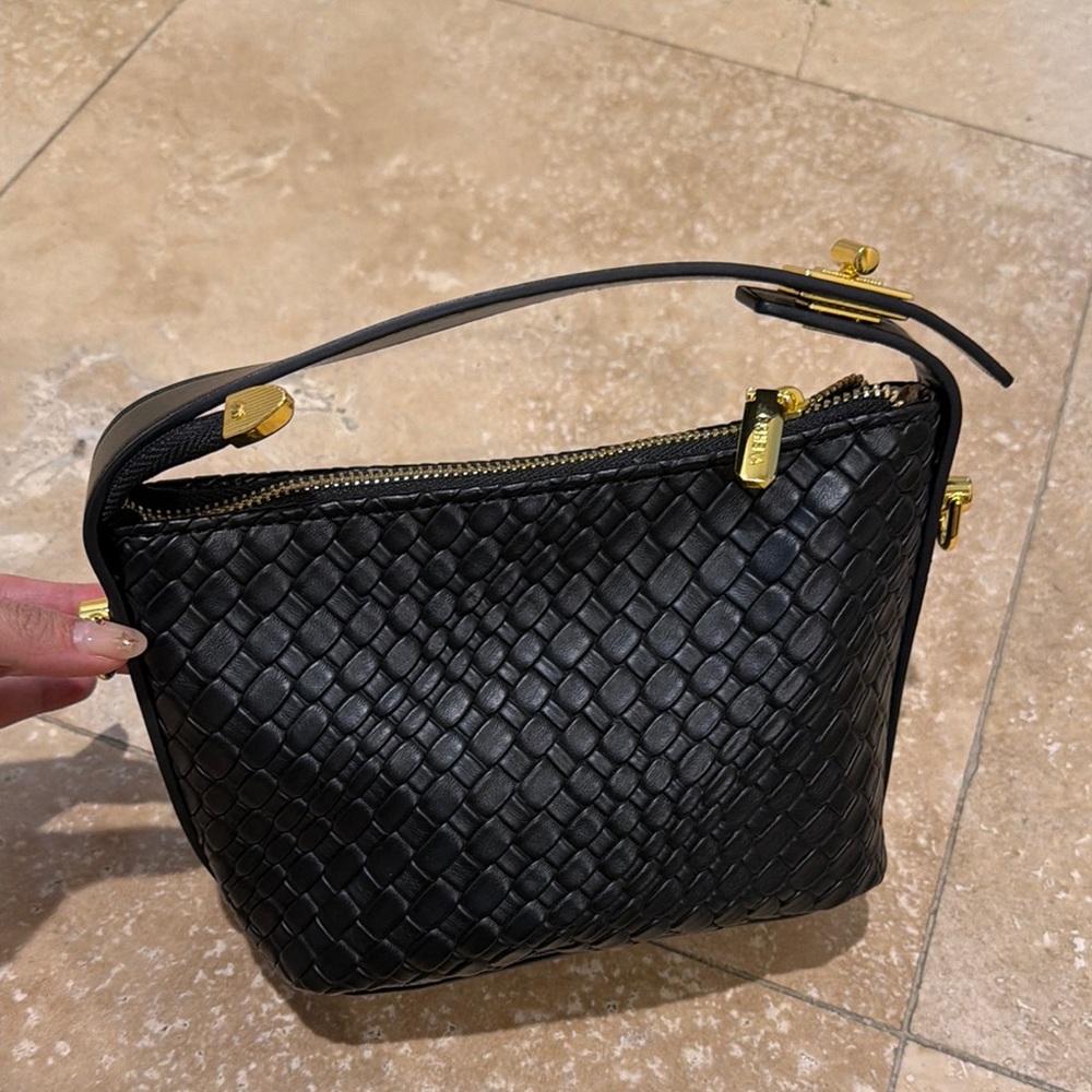 Black Woven Leather Shoulder Bag with Gold Hardware